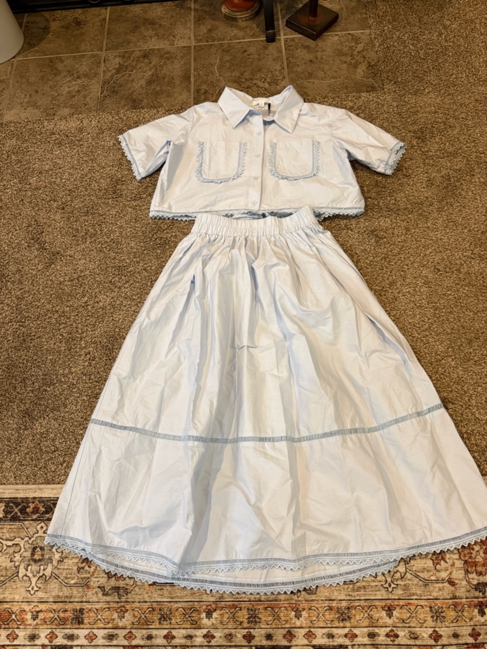 Light Blue Two-Piece Maxi Dress Set with Short-Sleeve Crop Shirt - Picture 5 of 6
